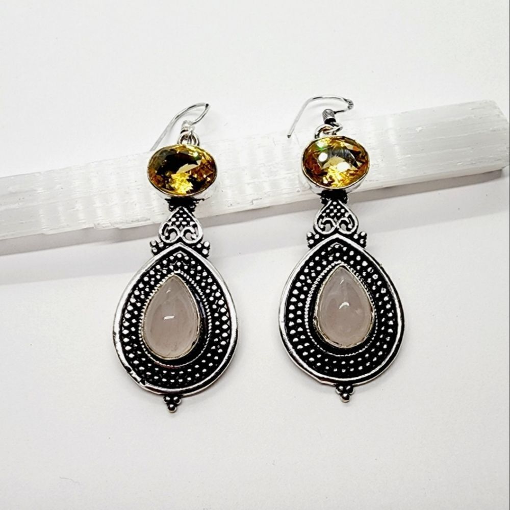 Rose Quartz Citrine Handmade 925 Stamped Silver Drop Dangle Earrings 2.4"
